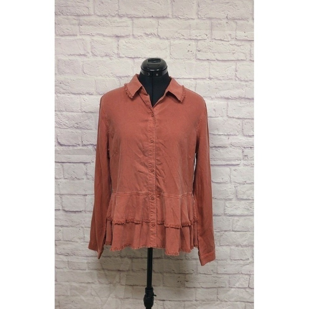 Cloth‎ & Stone Terracotta Rust Tencel Fringe Peplum Button Down Shirt M